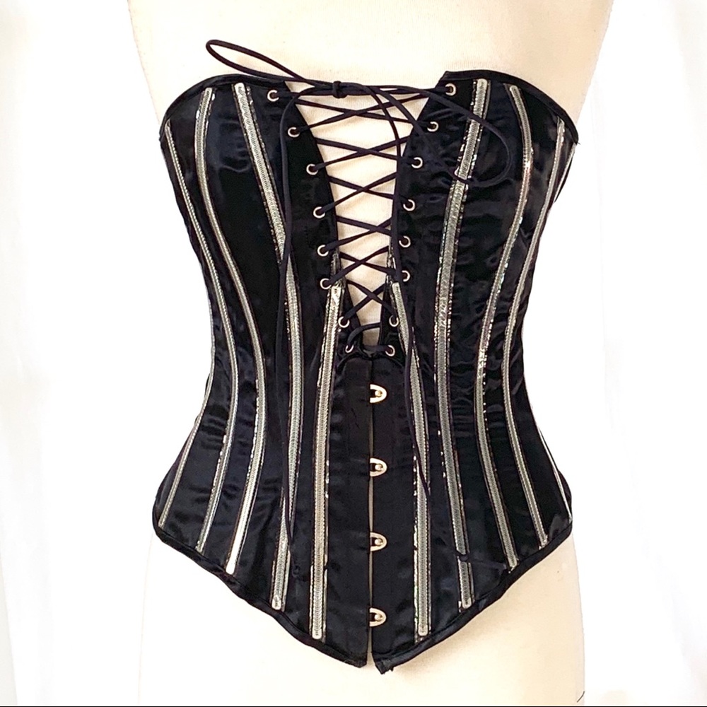 Lace front Black Satin Boned Bustier